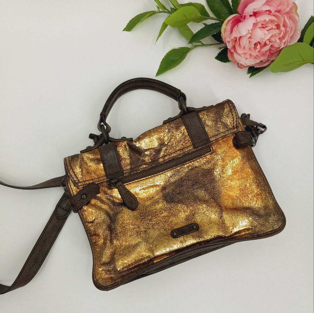 FRYE Cameron Metallic Gold, Copper & Brown Leather Small Satchel Crossbody Bag - Picture 3 of 15